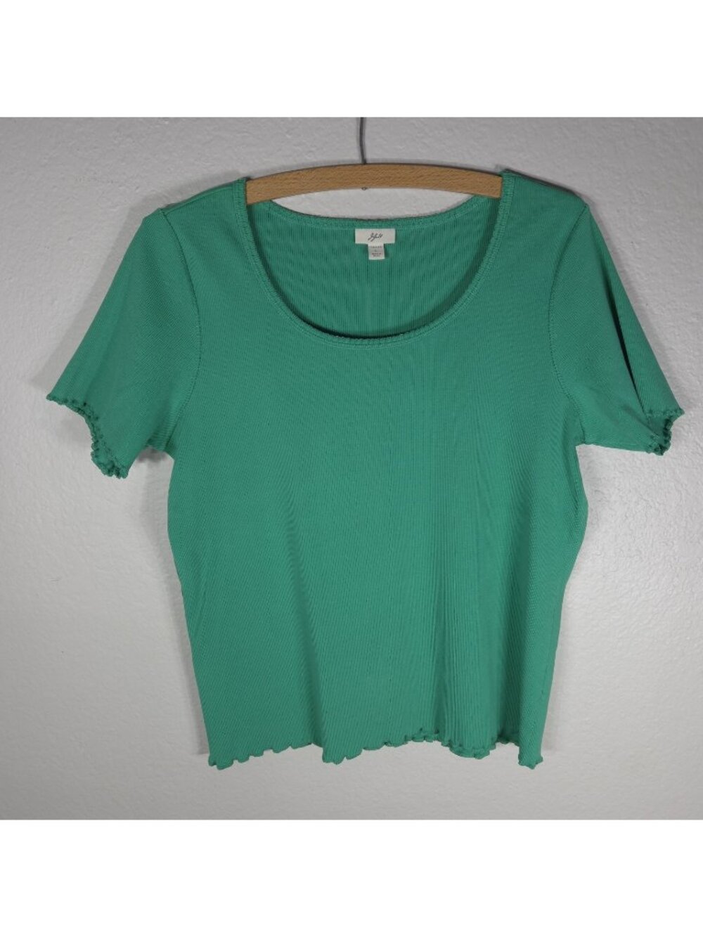 J Jill Green Ribbed Lettuce Edge Round Neck Short Sleeve Tee Shirt Stretch Sz L
